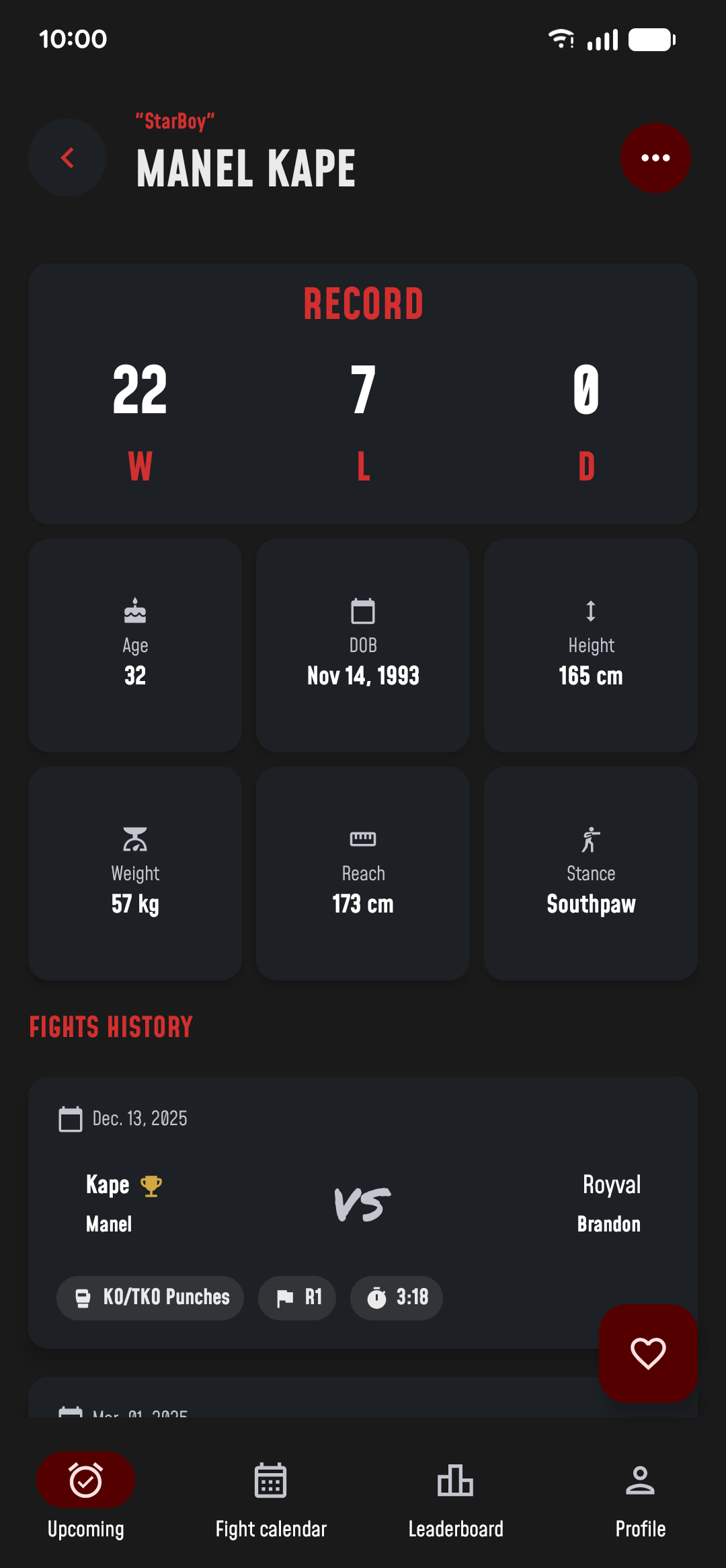 Fight Alarm fighter profile showing record, tale of the tape and fight history