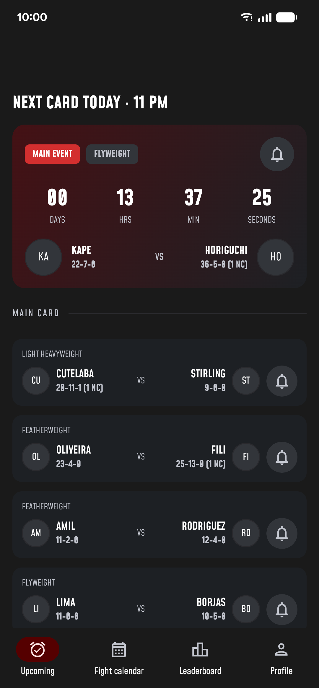 Fight Alarm — upcoming card with a live countdown to the main event
